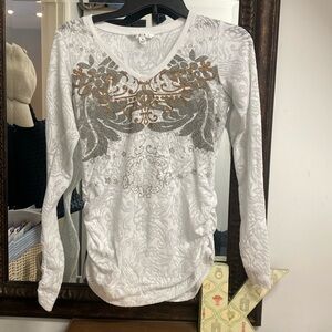 White Cabi sheer textured long sleeve top with side gathering